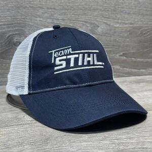 STIHL Team Hat Cap Strap Back Navy White Trucker Mesh Mens Embroidered